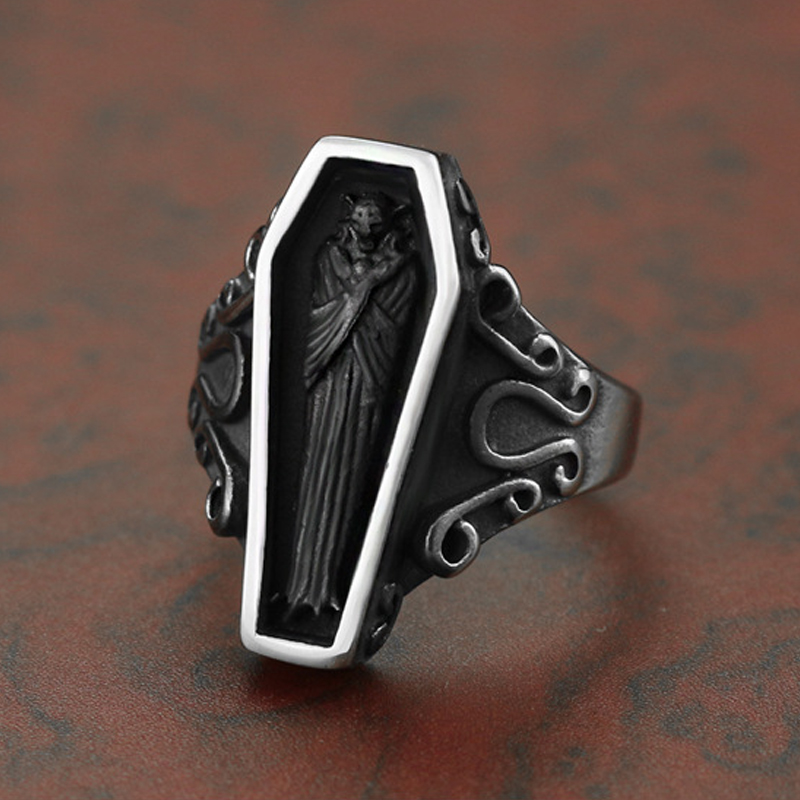 Vintage Men Stainless Steel Ring Portrait Vampire Coffin Ghost Gothic Punk for Male Boyfriend Gift