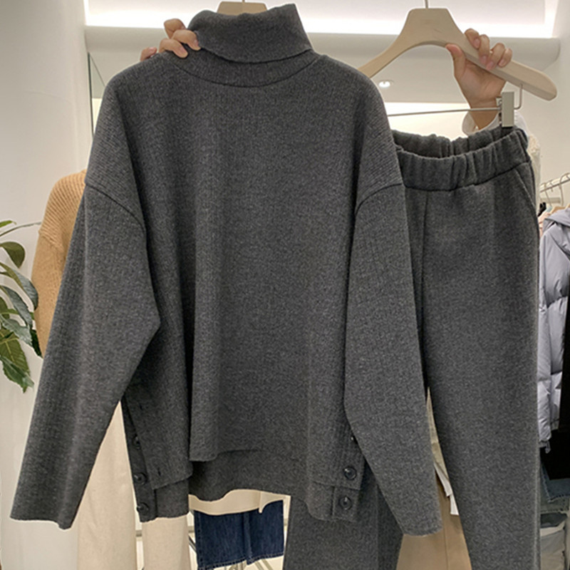 Nomikuma Spring New Two Piece Suits Turtleneck Long Sleeve Pullover Sweater + High Waist Wide Leg Long Pants Sets 6E814 210427