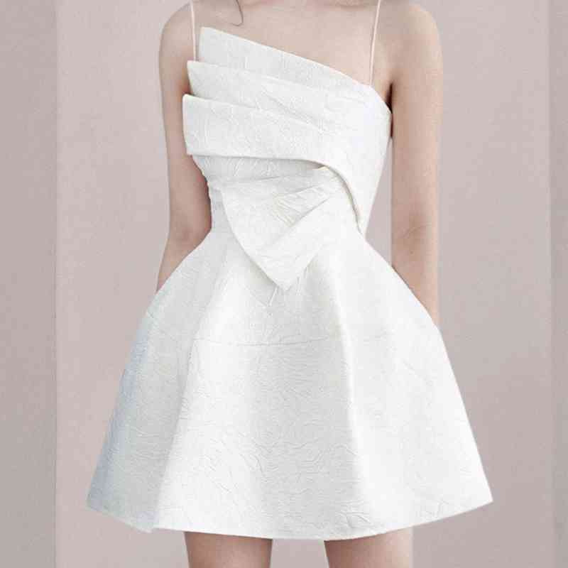 Women Ruffles Party Dress Summer Runway White Spaghetti Strap Jacquard Sexy Slim Mini Fashion Vestidos 210506