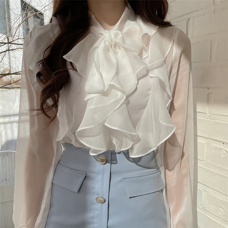 Office Lady Plus Size Light Ruffles Arrival Solid Girls Casual Vintage Gentle Streetwear Basewear Retro Shirts 210421