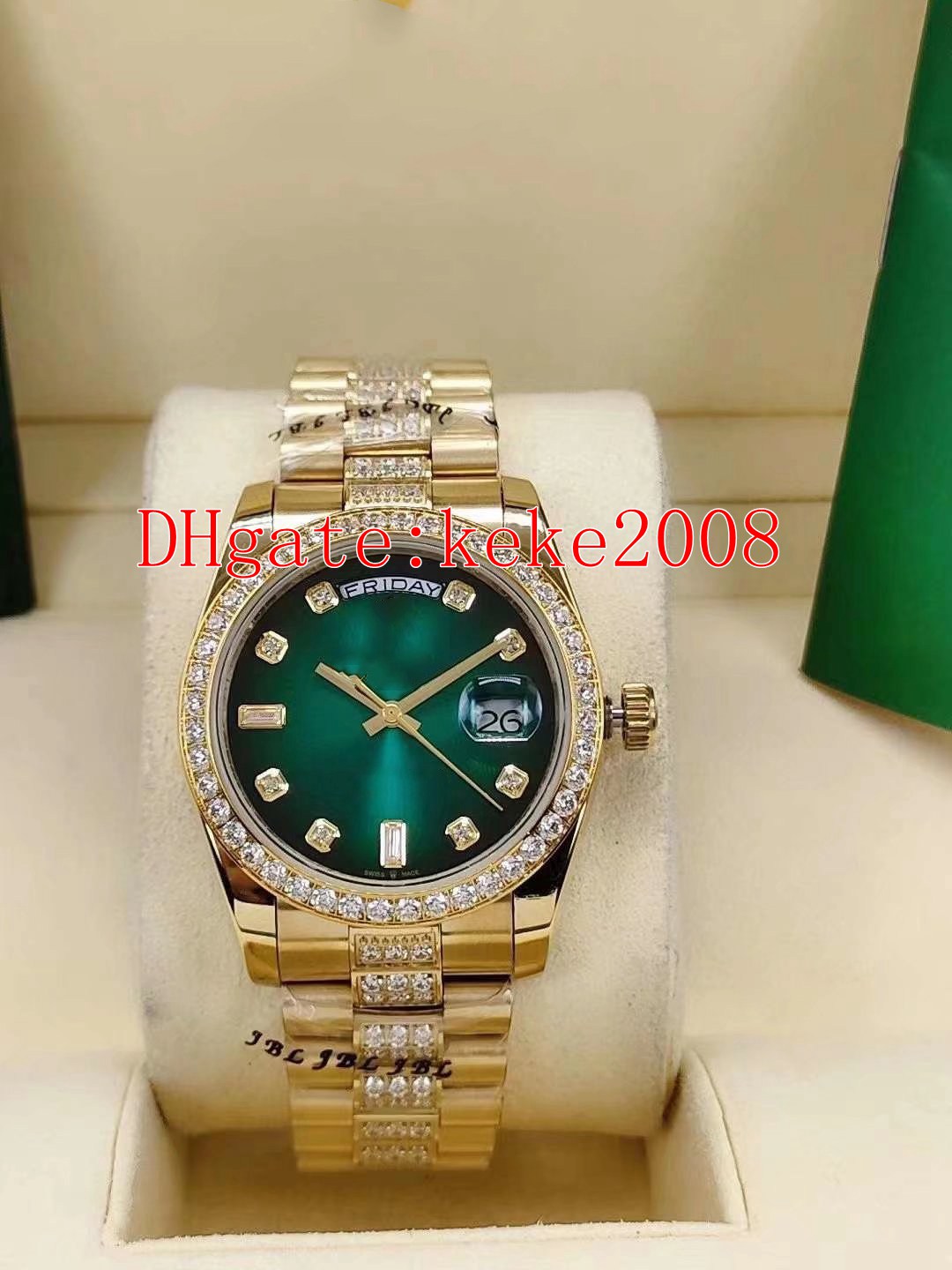 Fashion Unisex Watches Wristwatches 36mm 128348RBR 128348 Yellow gold Green Dial Diamond 2813 Movement Automatic mechanical Mens Ladies Watch, No box papers