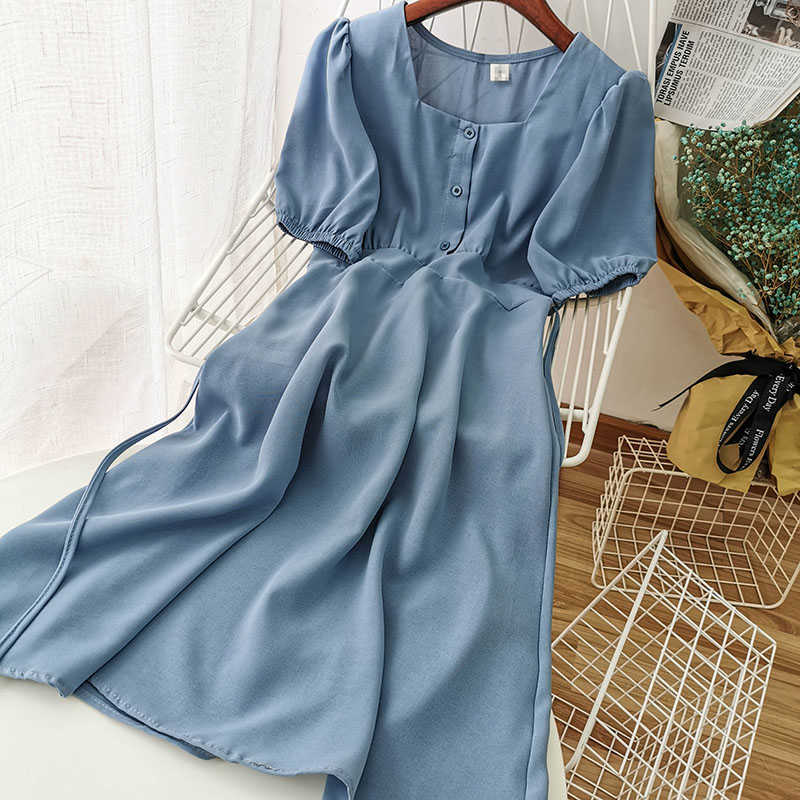 Summer Elegant Square Collar Chiffon Slim Dress Solid A-line Puff Sleeve High Waist Single Breasted Women Medium 210526