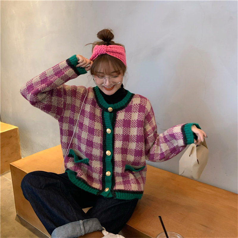 Color-Hit Vintage Girls Retro Autumn Chic All-Match Regular High Street Loose Cardigans Casual Knitted Sweaters 210421