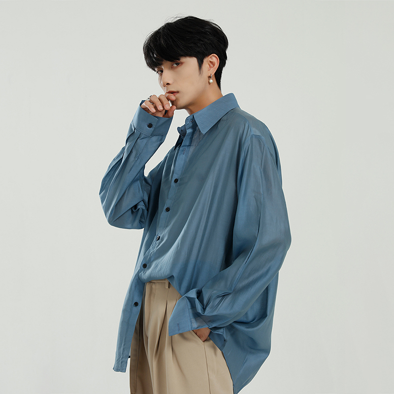 IEFB Korean Trendy Spring Long Sleeve Men's Shirts Fashion Pure Color Streetwear Oversize Lightweight See-through Tops 210524