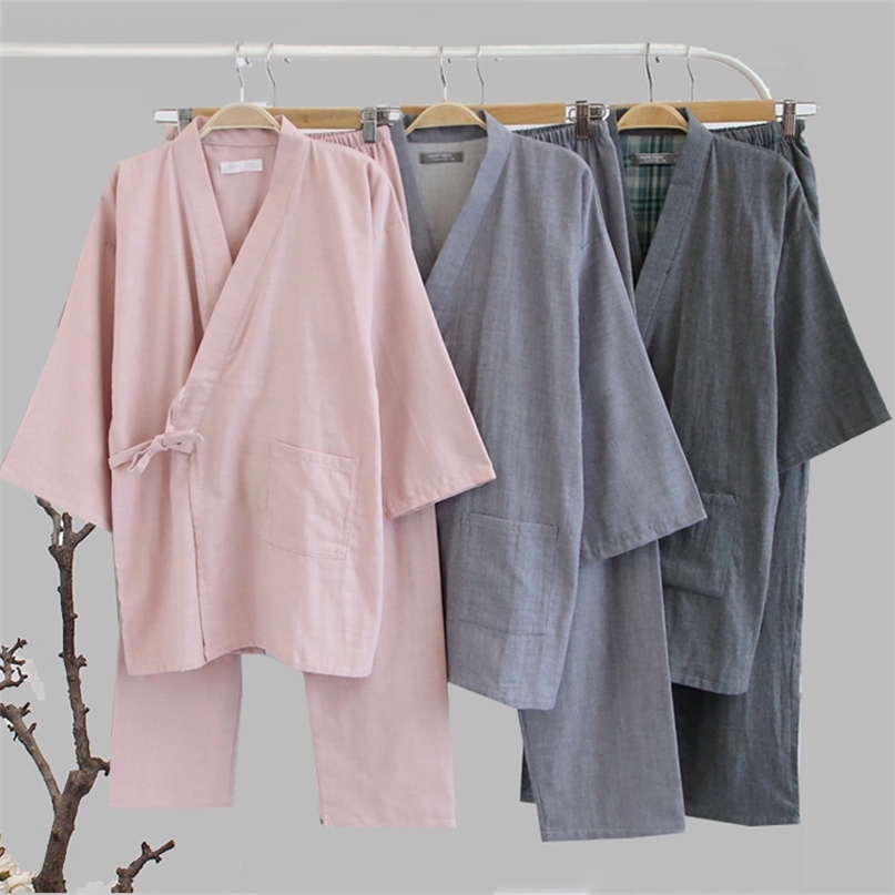 Traditional Kimono Sleepwear for Men Women Pure Cotton Loose Style Bathing Yukata Tops Trousers Pajamas Set Couple's Nightgown 210924