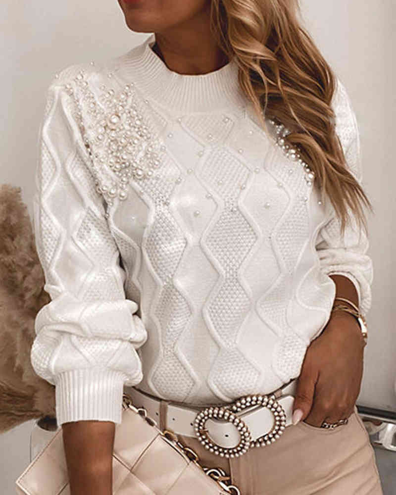 Winter Women Elegant Plain Plus Size Long Sleeve O-Neck Sweater Femme Solid Beaded Deco Casual Top Chandail Ladies Clothing 210415