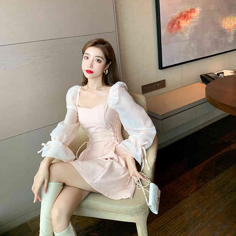 Spring Women Eleagnt Slim Dress Vintage Waist Bandage Tie Cross Fashion Ruffles Sweet Mini Vestidos 210519