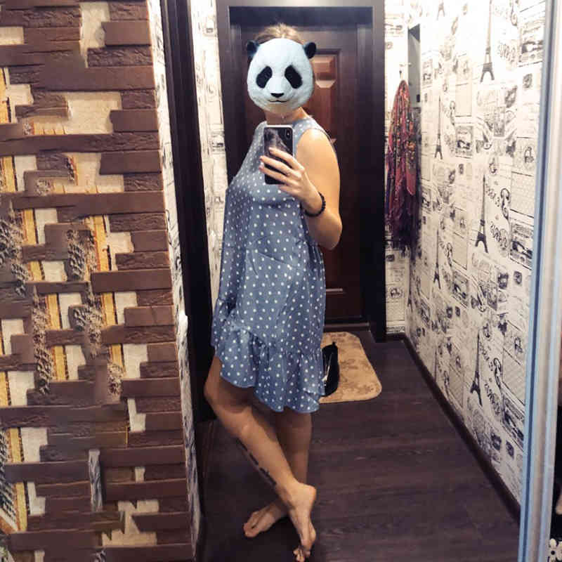 Women Summer Dress Fashion Polka Dot Sleeveless Beach Mini Dress For Women Casual Print Short Loose Blue Sundress Plus Size 210409