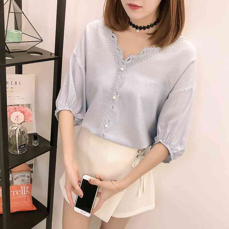 summer women fashion clothing tops lace solid sweet style v-neck casual blouses shirts 0340 40 210506