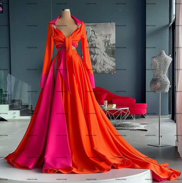 Orange Fuchsia Shirt Evening Dresses 2022 Long Sleeve Sexy High Slit Crop Top African Aso Ebi Arabic Celebrity Prom Dress