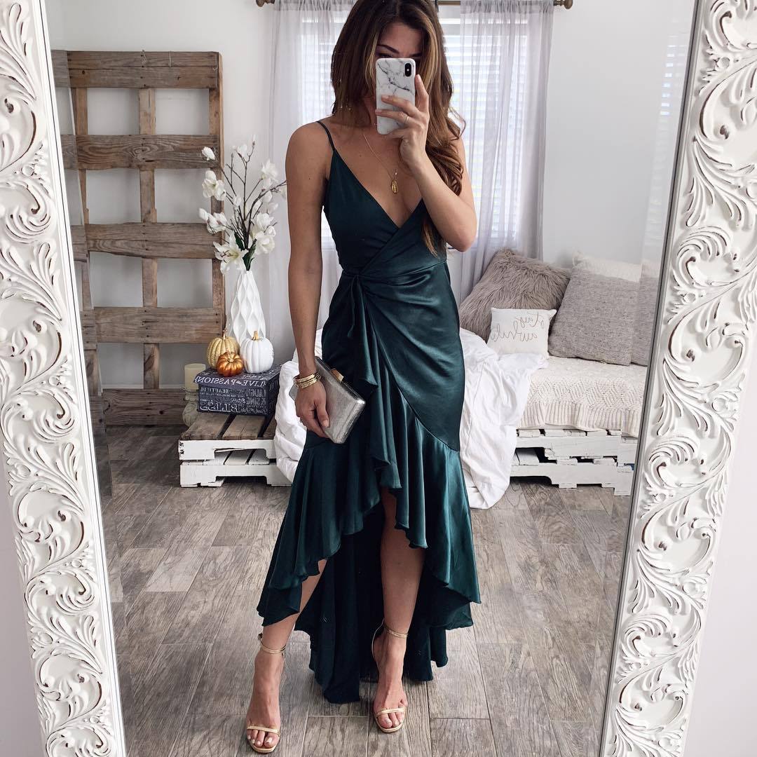 GETSPRING Women Dress Ruffles V-Neck Sexy Mermaid Dresses Plus SIze Asymmetry Balck Vintage Long Summer 210513