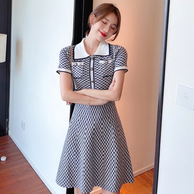 Korean Knitted Mini Dress Summer Elegant Fashion Ladies Short Sleeve High Waist A-line Sweater Dresses Vestidos Femme 210519