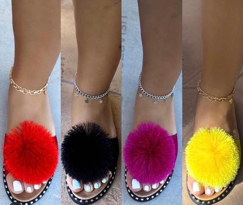 Slippers Luxury Women Faux Fur Flat Heel Open Toe Rubber Sole Outdoor Slides Sexy Fashion Sandals Shoes Ladies 2022