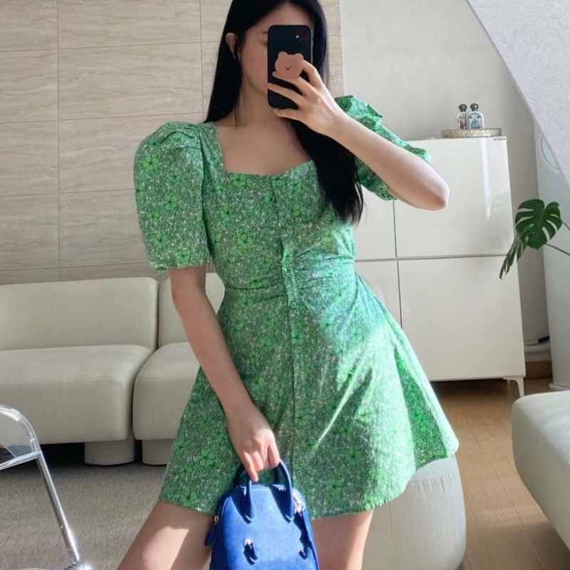 Women Dress Summer Ladies Floral Puff Sleeve Korean Elegant Square Collar Single-Breasted Ruched Casual Beach Party Dress 210518