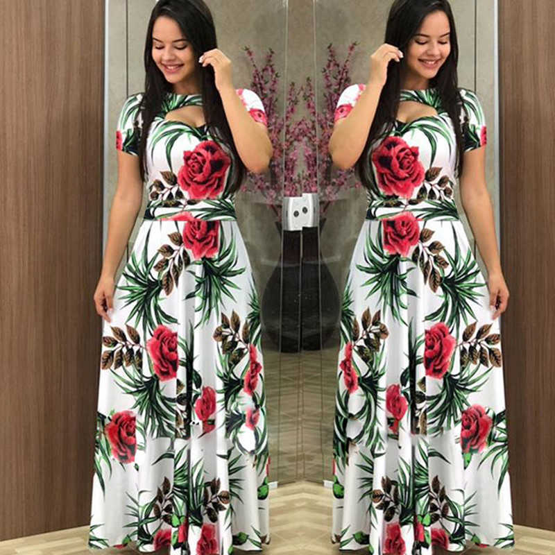 Women Beach Dress Casual Boho Flower Print Maxi es Elegant Long Sleeve Hollow Out Tunic Party Vestidos Plus Size 210526