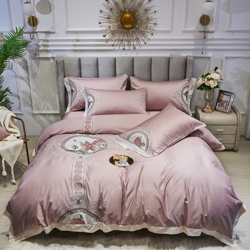 Chinoiserie Style Chic Embroideried Duvet Quilt Cover Queen King Size 4Pcs Premium Egyptian Cotton Soft Bedding Set Bed Sheet Sets