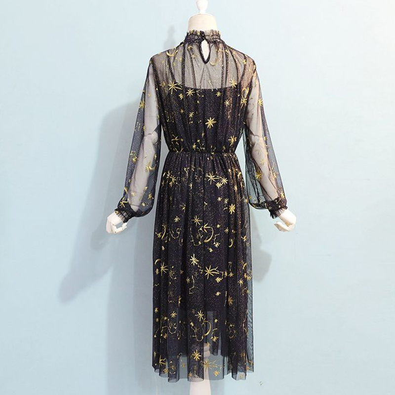 Gray Beige Navy Star Moon Embroidery Dress Women Mesh Puff Sleeve Long Stand Collar Midi Elegant Party 12992 210508