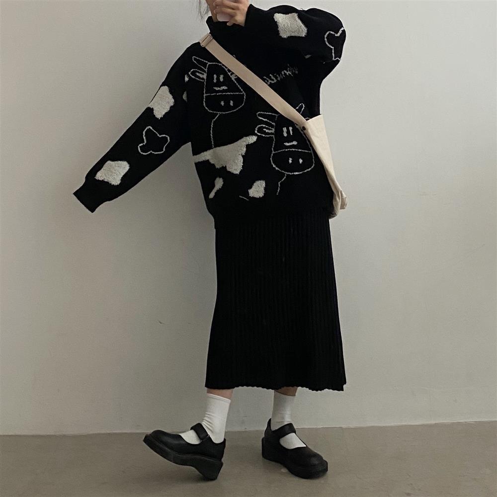 Vintage Casual Cow Print Sweater Women Winter O Neck Loose Lazy Femme Korean Harajuku Knitted Pullover Cute Sweet Jumper 210522