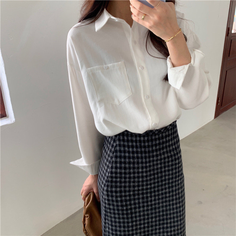 Spring High Quality Solid Large Size Office Lady Basic Shirts Chic Gentle Pockets Brief All Match Blouses 210421