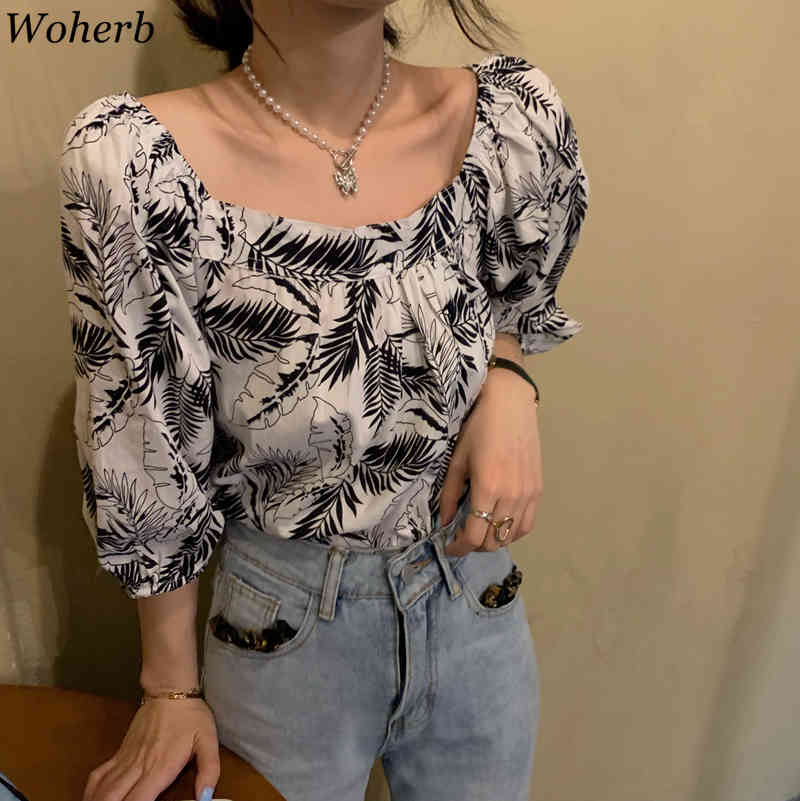Leaf Printed Chiffon Shirt Women Square Collar vintage Blouses Loose Puff Sleeve Korean Tops Slim Thin Temperament Blusas 210519
