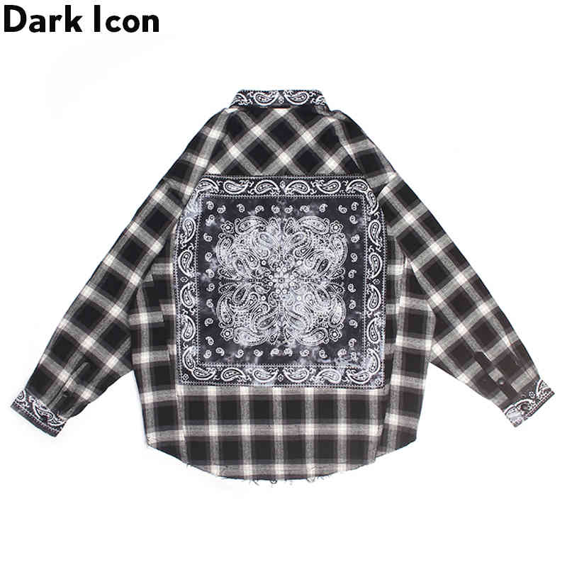 Dark Icon Bandana Plaid Street Shirt Men Long Sleeve Checkered Hip Hop Men's Shirts Streetwear Clothes 210410
