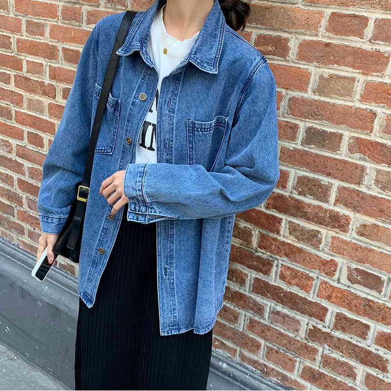 SML Vintage Denim Shirt Women Korean Long Sleeve Single Breasted Basic Jeans Blouse Pocket Femme (78627 210423