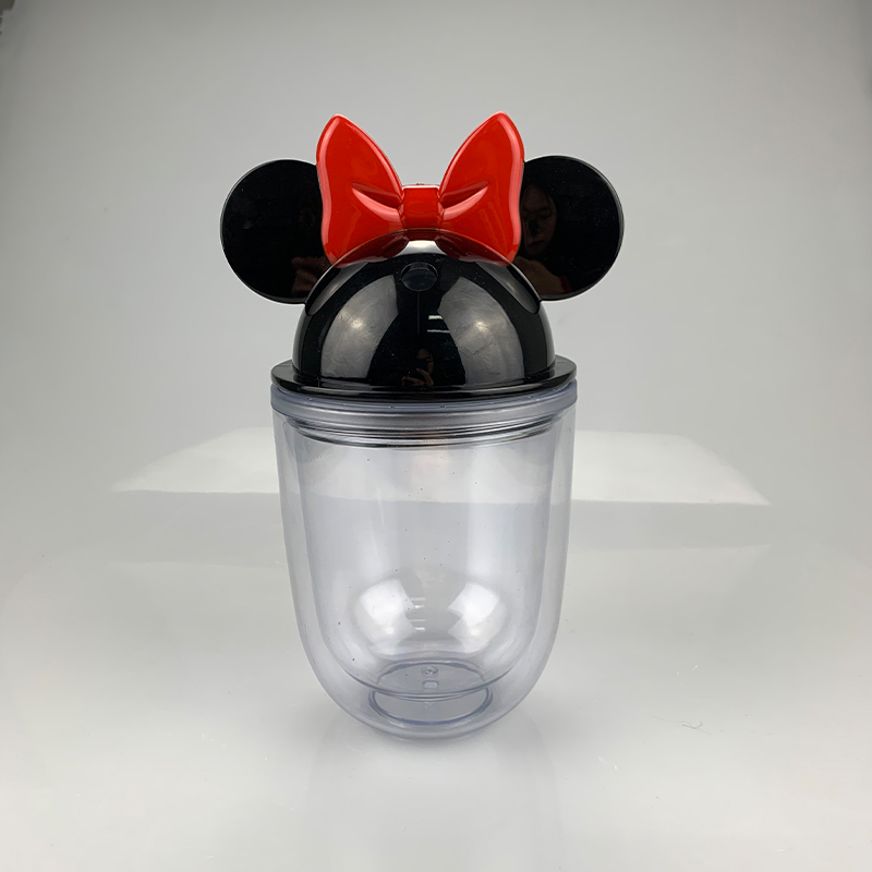 9 Colors! Small 12oz Acrylic Mouse Ear Tumblers with Straw Clear Plastic Dome Lid Tumbler for Kids Children Parties Double Walled Cute Cartoon Water B