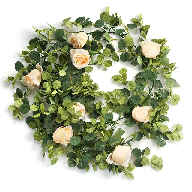 Decorative Flowers & Wreaths Fake Flower Eucalyptus Garland With Camellias Artificial Silk Rose Vine Decor Hanging Faux Leave Floral For Wed