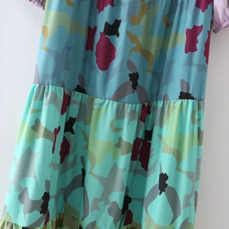 Summer Women Digital Printing Splicing Tiered Dress Female Puff Sleeve Clothes Casual Lady Loose Vestido D7783 210430Z