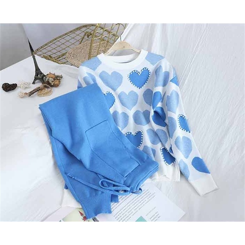 Autumn Womens Knit Outfits Love Heart Long Sleeve Pullover Sweater + Lace Up Waist Ankle Harem Pants Two Piece Set 210519
