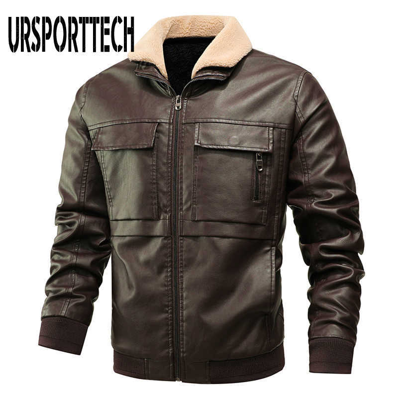 URSPORTTECH Mens Leather Jacket Winter Casual Thick Fleece Men Motorcycle PU Jacket Biker Leather Coats Fur Collar Multi-pockets 210528