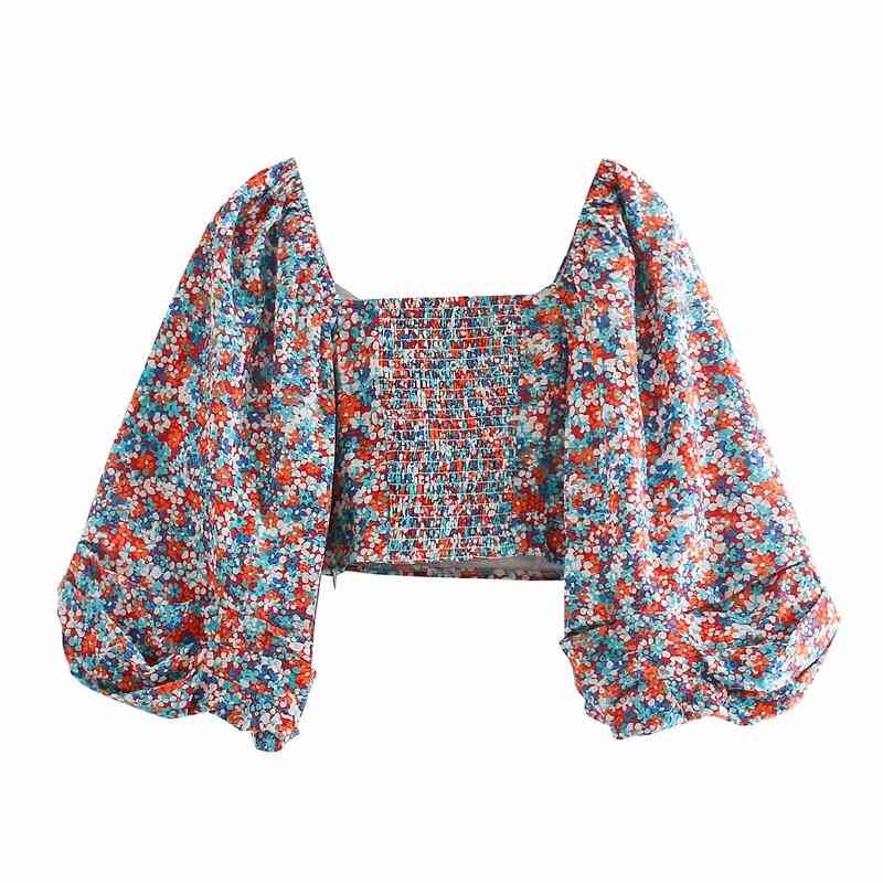 sexy floral print women short shirts summer fashion u neck ladies blouses lantern sleeve female shirt casual girls 210430