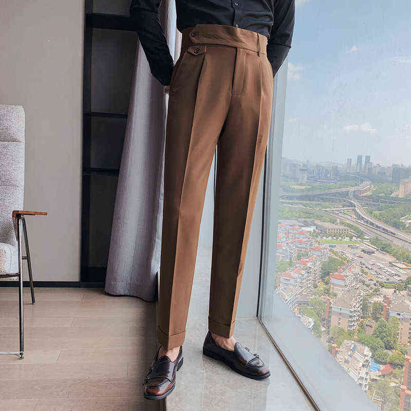 Vintage England Elegant Mens Slim Fit Suit Pants Gentleman Retro British Style Social Pants Men White Office Trousers Work Dress 211229