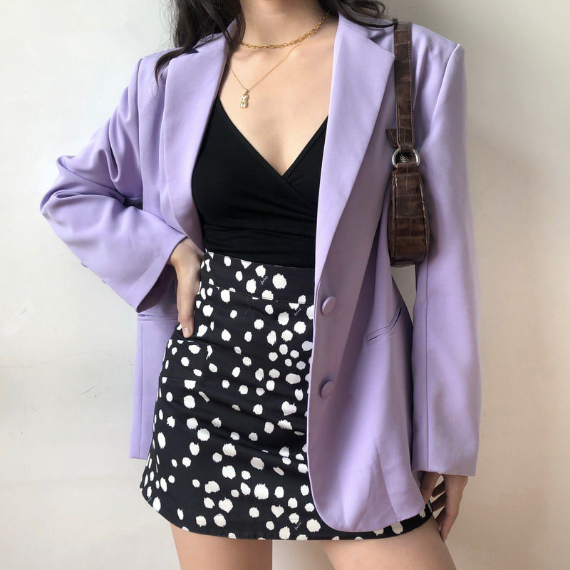 Wonder Spring Basic jacket Loose blazer Casual Chic Single Breasted Vintage Pocket Purple coat Outwears 210510