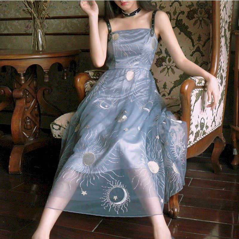 Haze blue Net yarn Dress embroidery temperament thin cool cute long suspender dress summer fairy Thin skirt 210526
