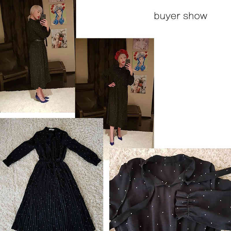 [EAM] New Spring Round Neck Long Sleeve Solid Black Chiffon Dot Loose Big Size Dress Women Fashion Tide JA23601M 210409