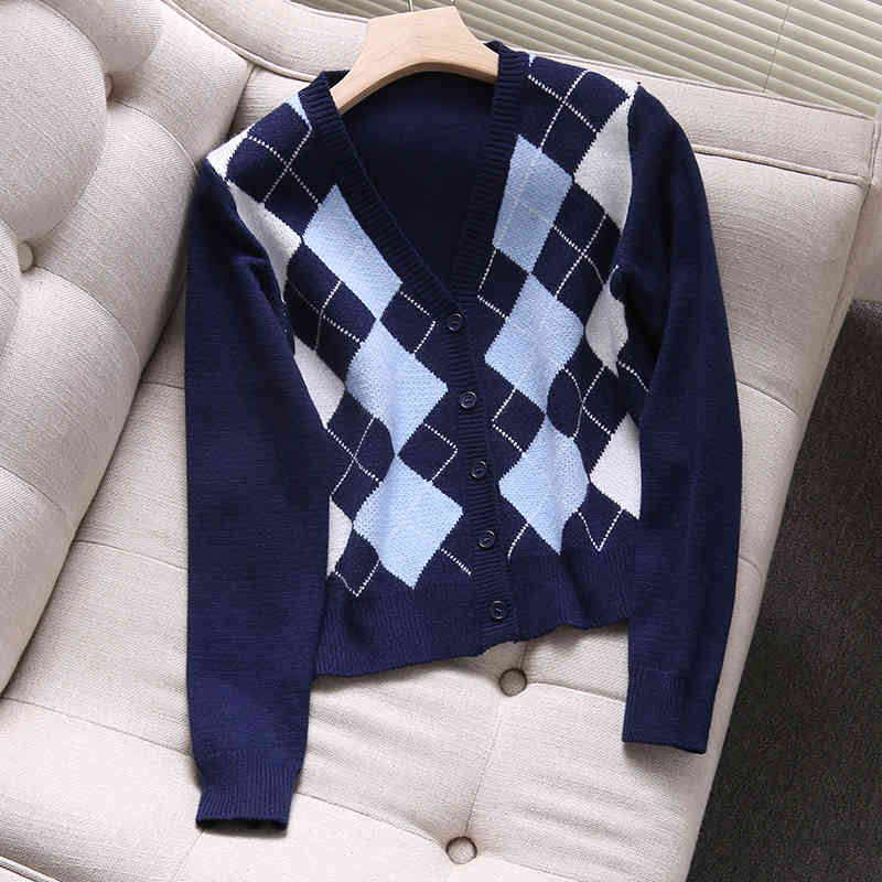 Elegant Women V-neck Button Sweater Autumn Fashion Ladies Plaid Female Sweet Girls Slim Cardigans Chic 210430