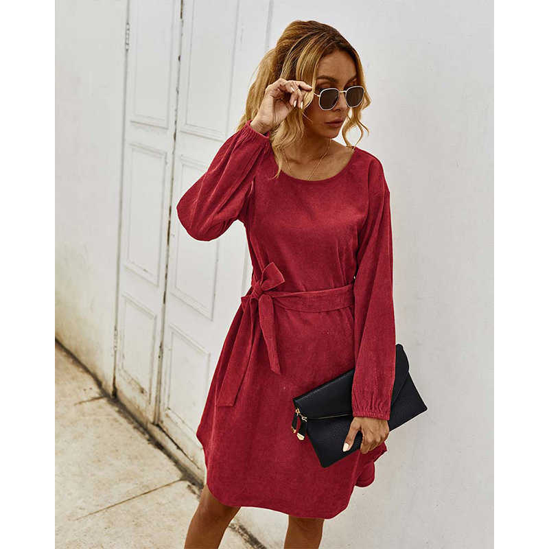 Elegant Corduroy Women Drees Solid Casual O-Neck Latern Sleeve Office Lady Dress With Belt W634 210526
