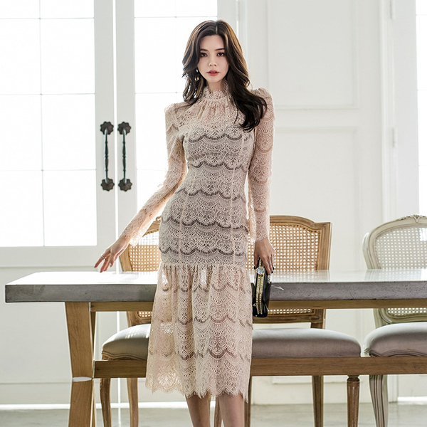 Sexy Elegant Lace Bodycon Dress Spring Hollow Out Ruffles Mermaid Dresses Special Occasion Party Vestidos 210518