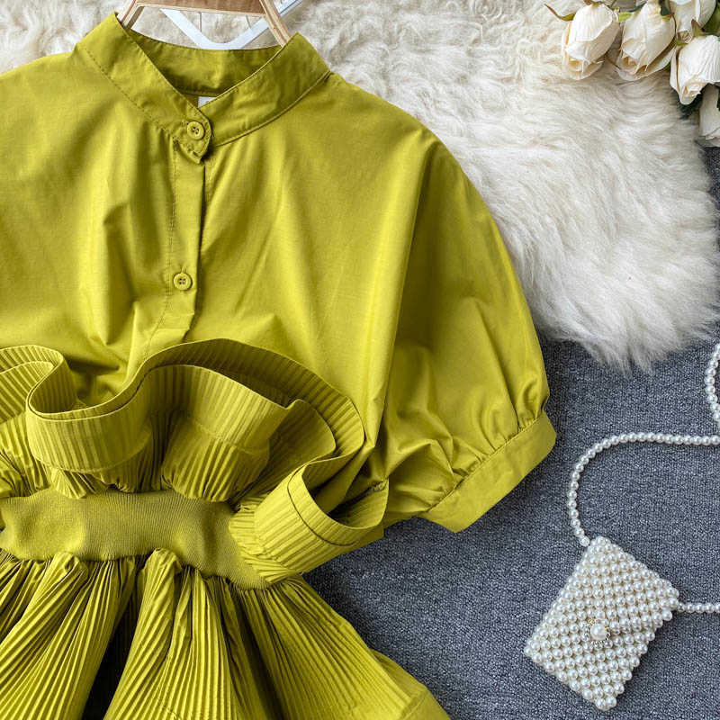 Korean 3D Ruffle Slim Waist Blouse Shirt Puff Sleeve Stand Neck Women Tops Elegant Summer Blusas De Mujer 6H089 210603
