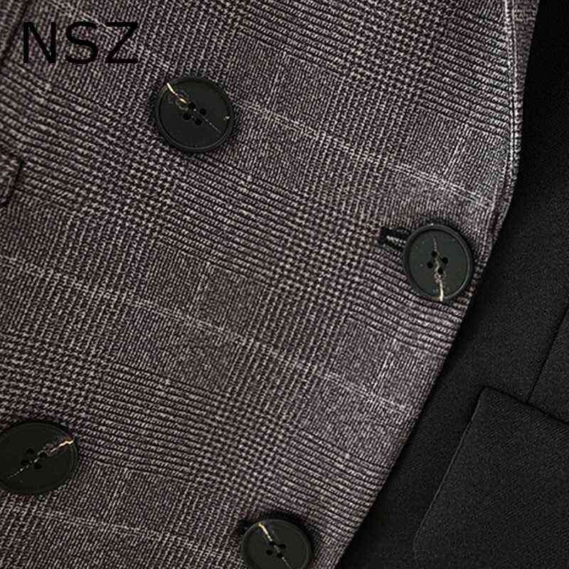 NSZ Women Checked Patchwork Black Oversize Blazer Double Breasted Office Ladies Large Size Plaid Suit Jacket Coat Outerwear 211122