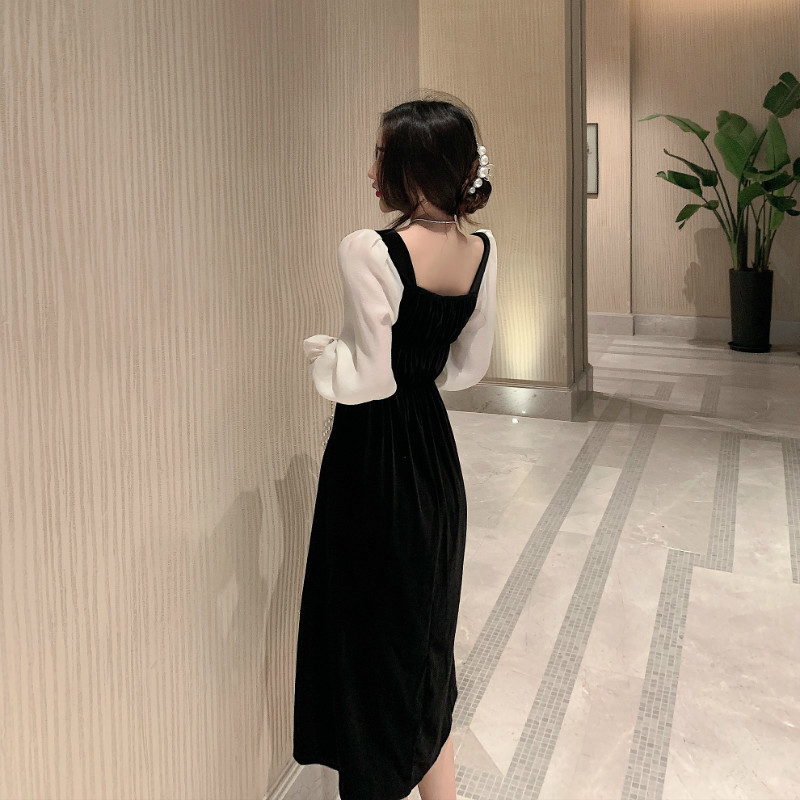 Black Vintage Dress Women Square Collar Long Sleeve Evening Party Retro Gothic Dress Female Dress Korean Autumn 210521