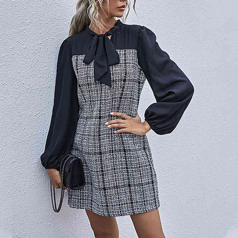 Chic Vintage Knitted Plaid Winter Dress Elegant Bowknot Long Sleeve Patchwork Office Ladies Short A-Line Dresses Vestidos W251 210526