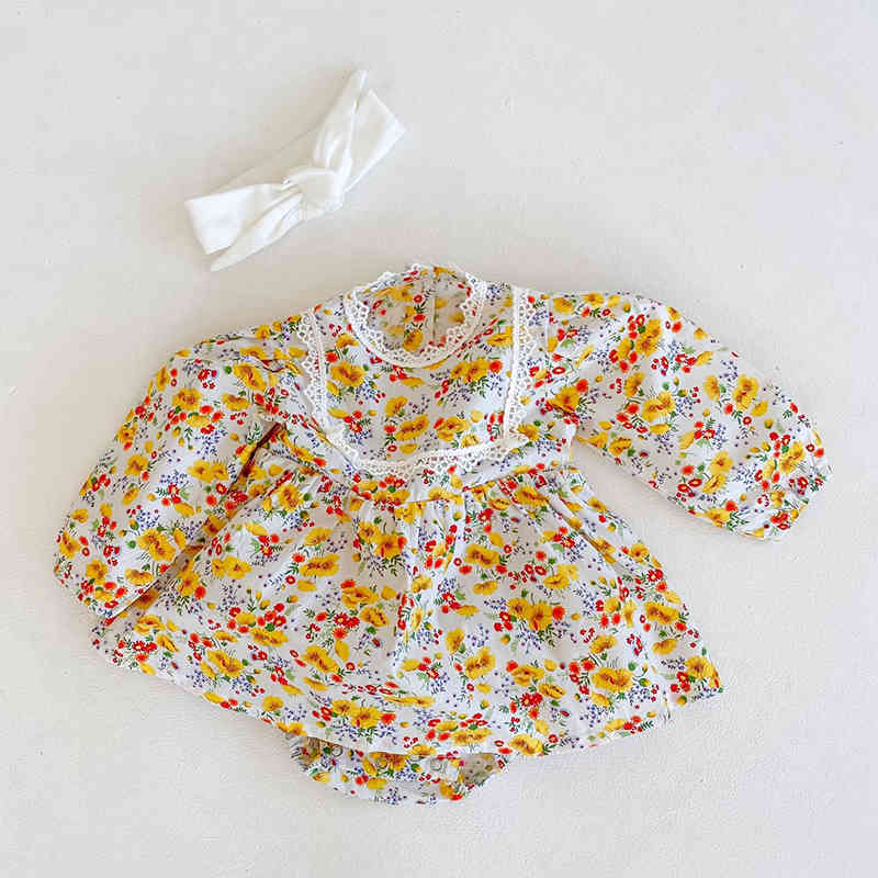 Baby Girls Yellow Flower Rompers Kids Clothing Spring Autumn Toddler Girl Long Sleeve Printing 210429
