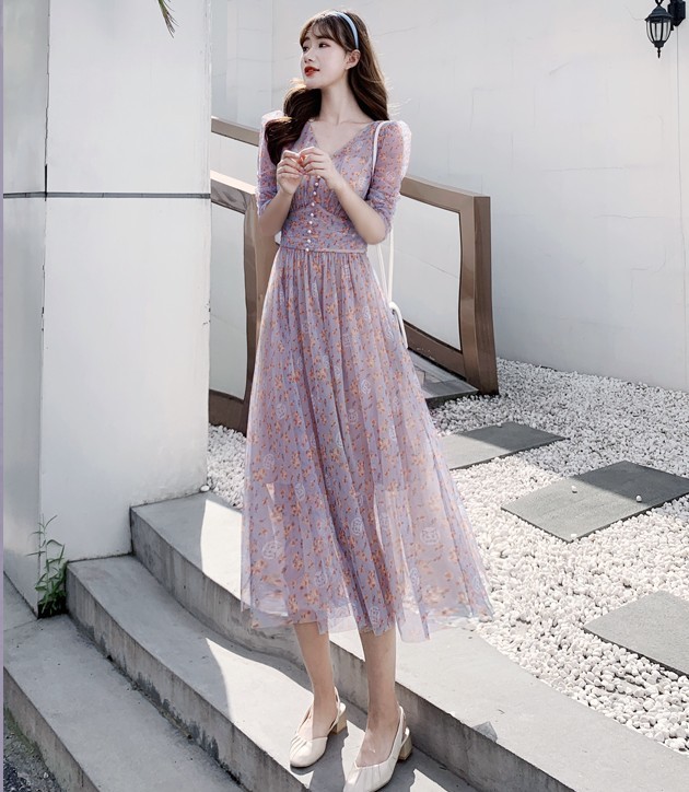 Korean Spring Elegant Flowers Print V-Neck Maxi Dress Vestidos Retro Sexy High Waist Slim Chiffon Robe Femme 210519