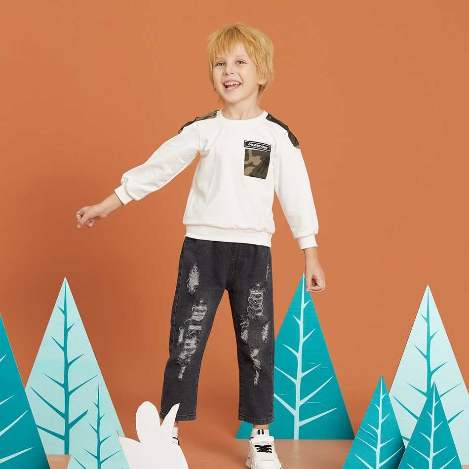 Arrival Spring and Autumn 2-piece Baby Toddler Boy Camouflage Patchwork Long-sleeve Pullover Denim Pants Set 210528