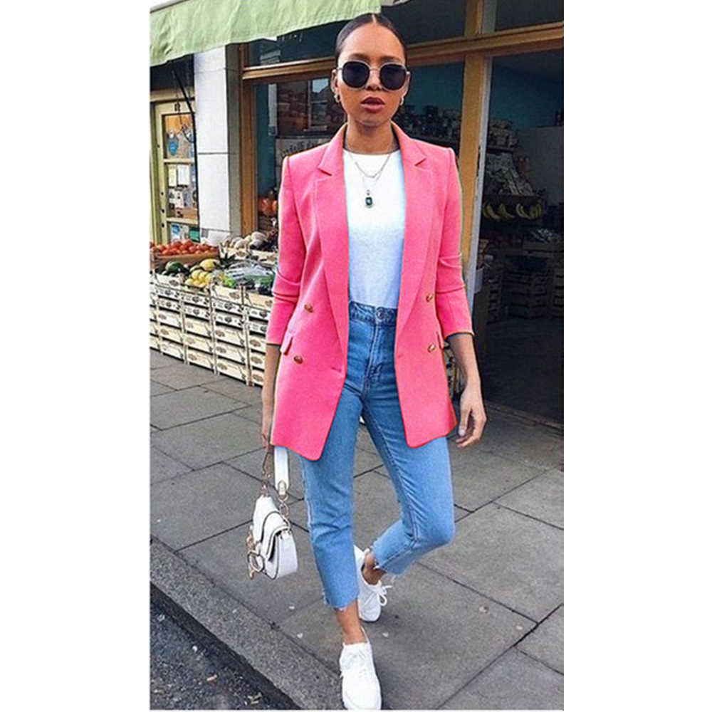 Autumn New Women Chic Blazer Buttons Fashion Office Lady Solid Color Long Sleeve Suit Coat Outerwear Tops Plus Size S-5XL