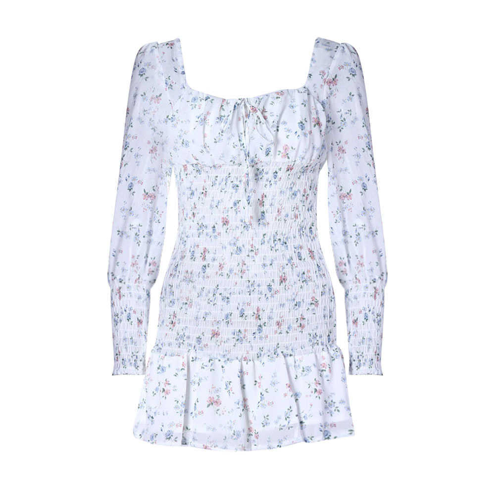 Summer Drawstring Square Neck Backless Puff Sleeve Floral Print Mini Dress Lady Chiffon Ruched Elastic Waist Ruffles White 210604