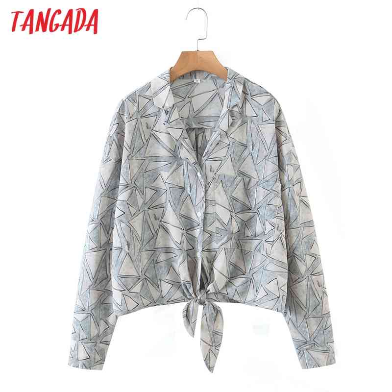 Women Retro Geometry Print Crop Long Sleeve Chic Female Loose Shirt Tops QW91 210416