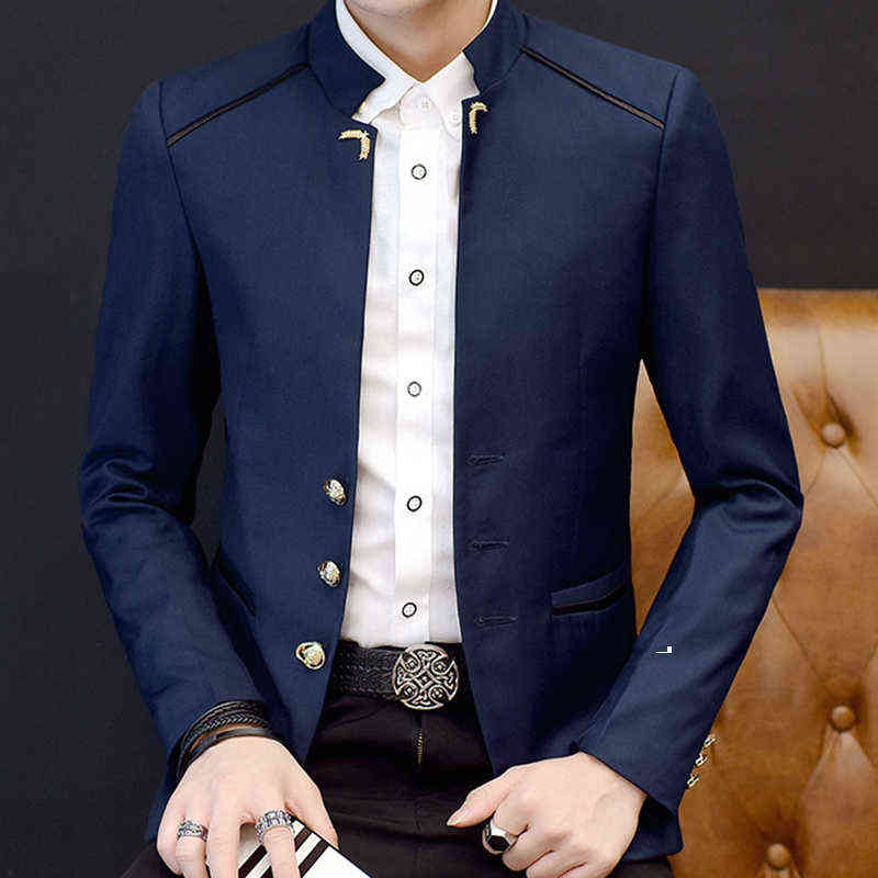 Stand Collar Men Casual Blazers Three-Buttons Suit Jacket Wheat Stalks Embellished Spring Mens Chinese Style Blazer 211120
